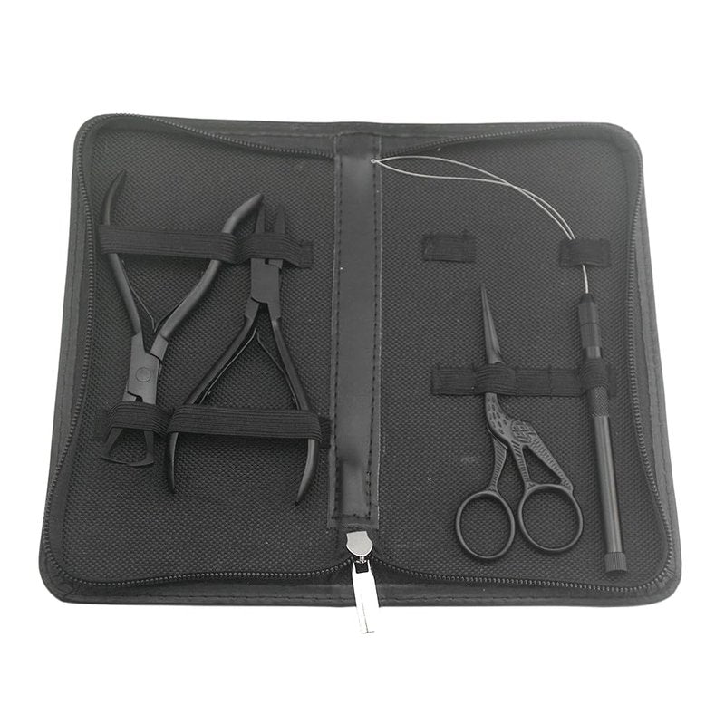 Hair Extension Beading Tool Kit Hair Extensions Micro Link Bead Closer and Remover Pliers and Cutting Scissors Set, Link Micro Ring Loop Needle Pulling Hook Threader Wire for Silicone Rings(Black)