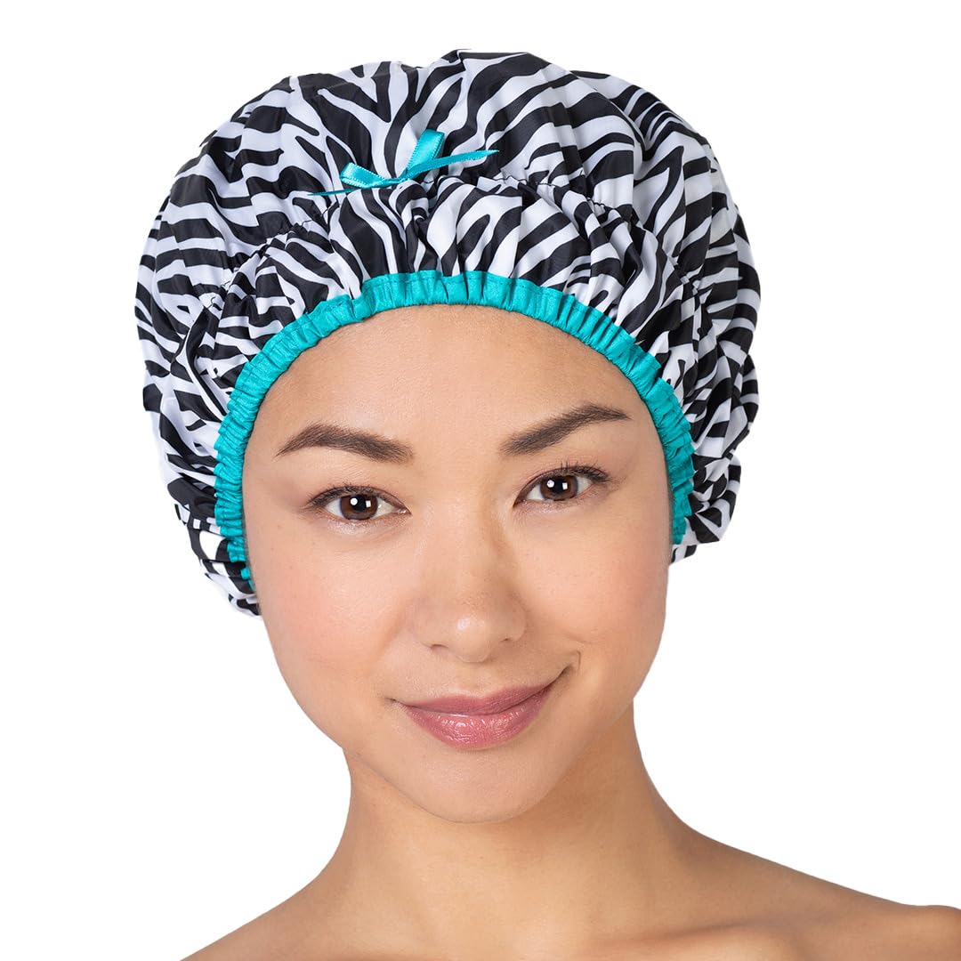Reusable Shower Cap & Bath Cap & Lined, Oversized Waterproof Shower Caps Large Designed for all Hair Lengths with PEVA Lining & Elastic Band Stretch Hem Hair Hat - Fashionista Deco Dots