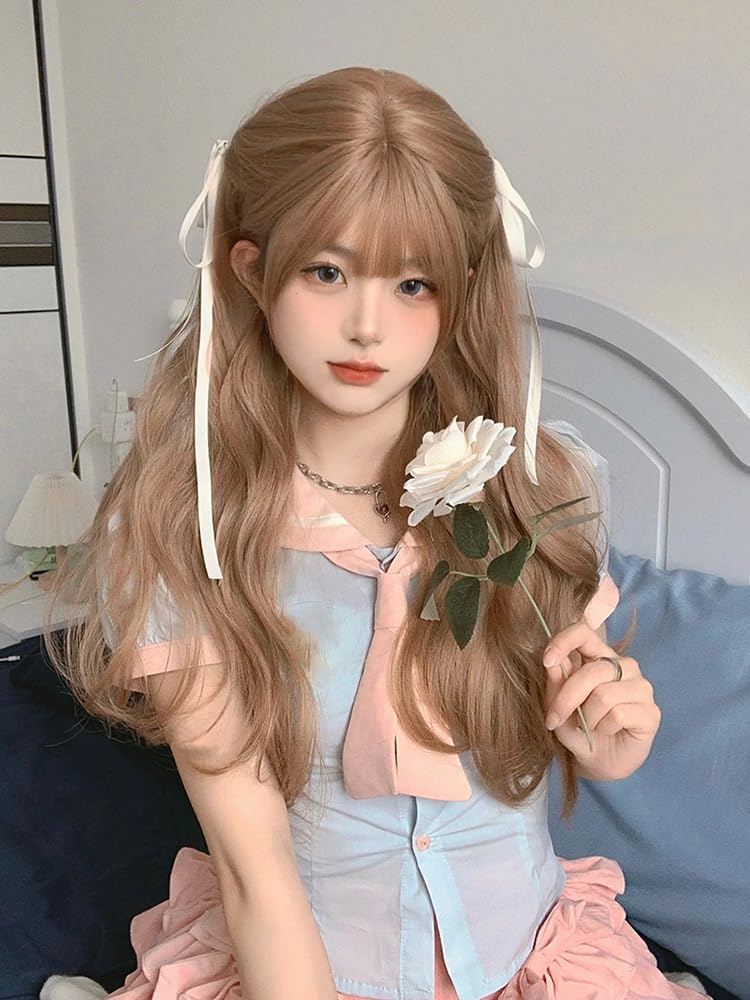 huafan luxkazya Milk Tea Brown Long Wig with Bangs Long Wavy Wig for Women Realistic Wigs Synthetic Wigs for Women Daily Use