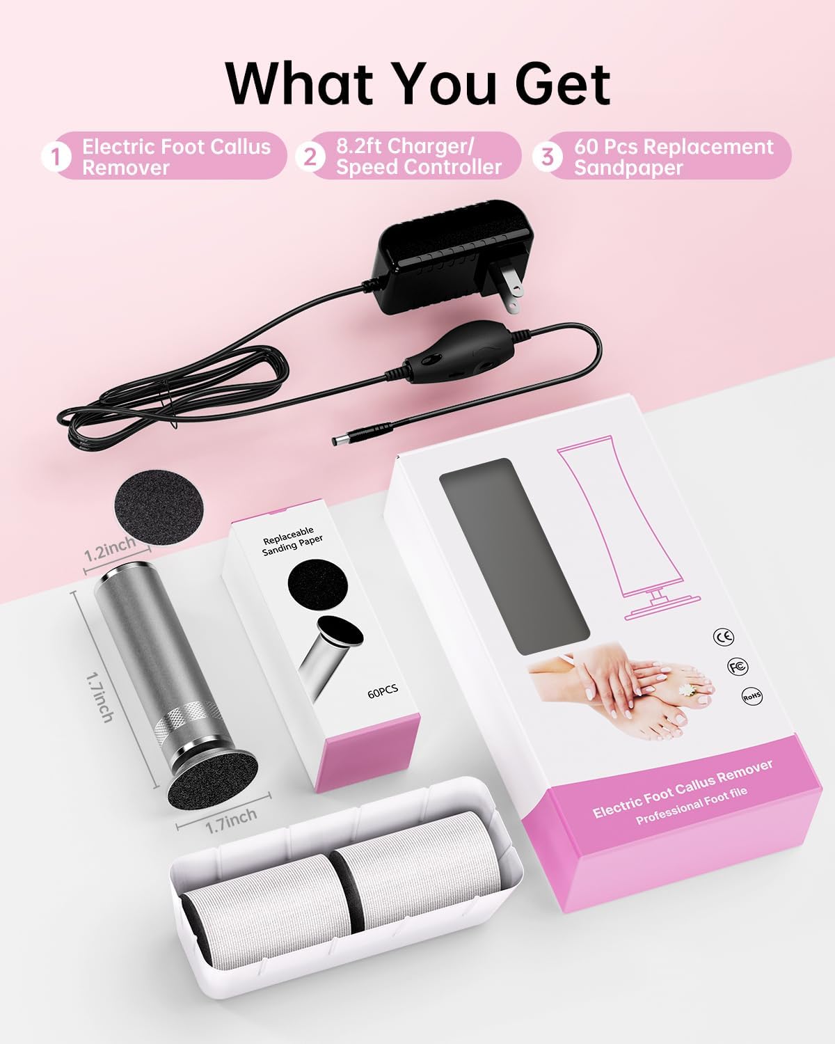 Electric Foot Callus Remover, Upgrade Electric Foot File Callus Remover for Feet, Adjustable Speed Foot File with 60 Pcs Sandpaper Discs, Foot Scrubber for Cracked, or Tough Skin and Calluses, Pink