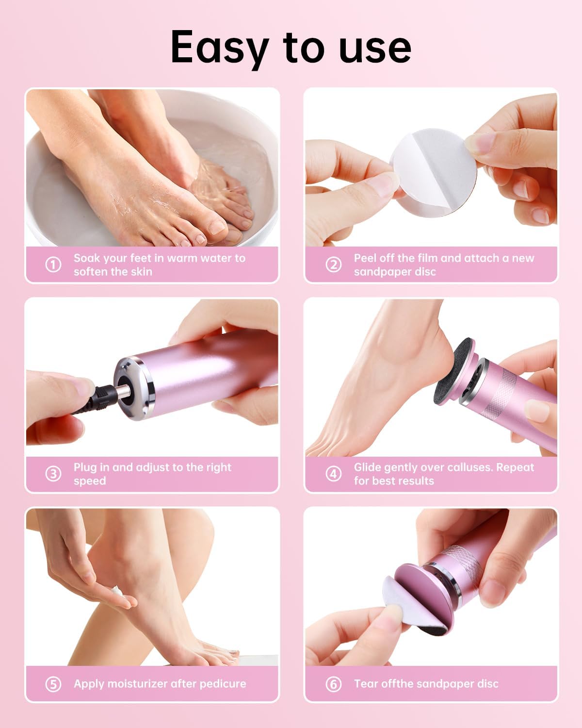 Electric Foot Callus Remover, Upgrade Electric Foot File Callus Remover for Feet, Adjustable Speed Foot File with 60 Pcs Sandpaper Discs, Foot Scrubber for Cracked, or Tough Skin and Calluses, Pink