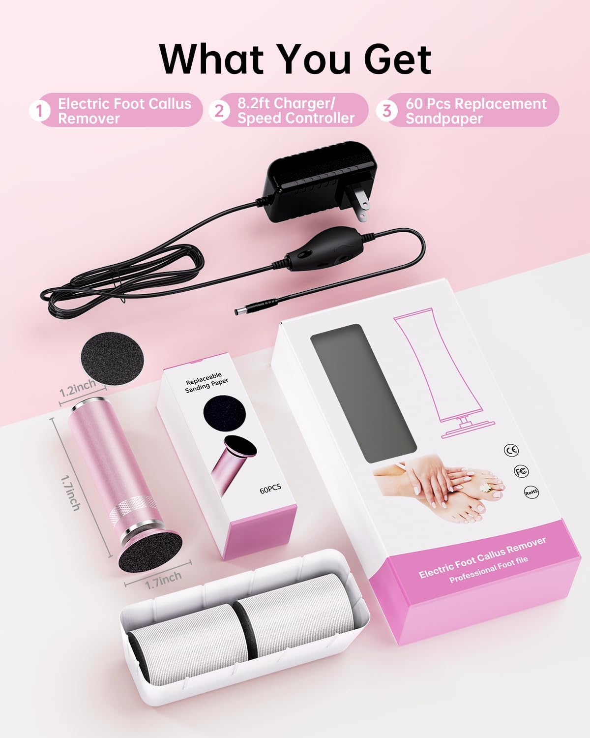 Electric Foot Callus Remover, Upgrade Electric Foot File Callus Remover for Feet, Adjustable Speed Foot File with 60 Pcs Sandpaper Discs, Foot Scrubber for Cracked, or Tough Skin and Calluses, Pink