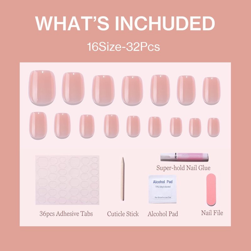 ESLALA Chrome Press On Nails,Glossy Short Squoval Fake Nails, Aurora Chrome Pinkish Press On Nails, Reusable Stick On Fake Nails with Glue | 16 Sizes - 32 Nail Kit(03-Squoval Champagne)