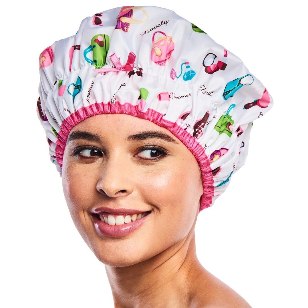 Reusable Shower Cap & Bath Cap & Lined, Oversized Waterproof Shower Caps Large Designed for all Hair Lengths with PEVA Lining & Elastic Band Stretch Hem Hair Hat - Fashionista Deco Dots