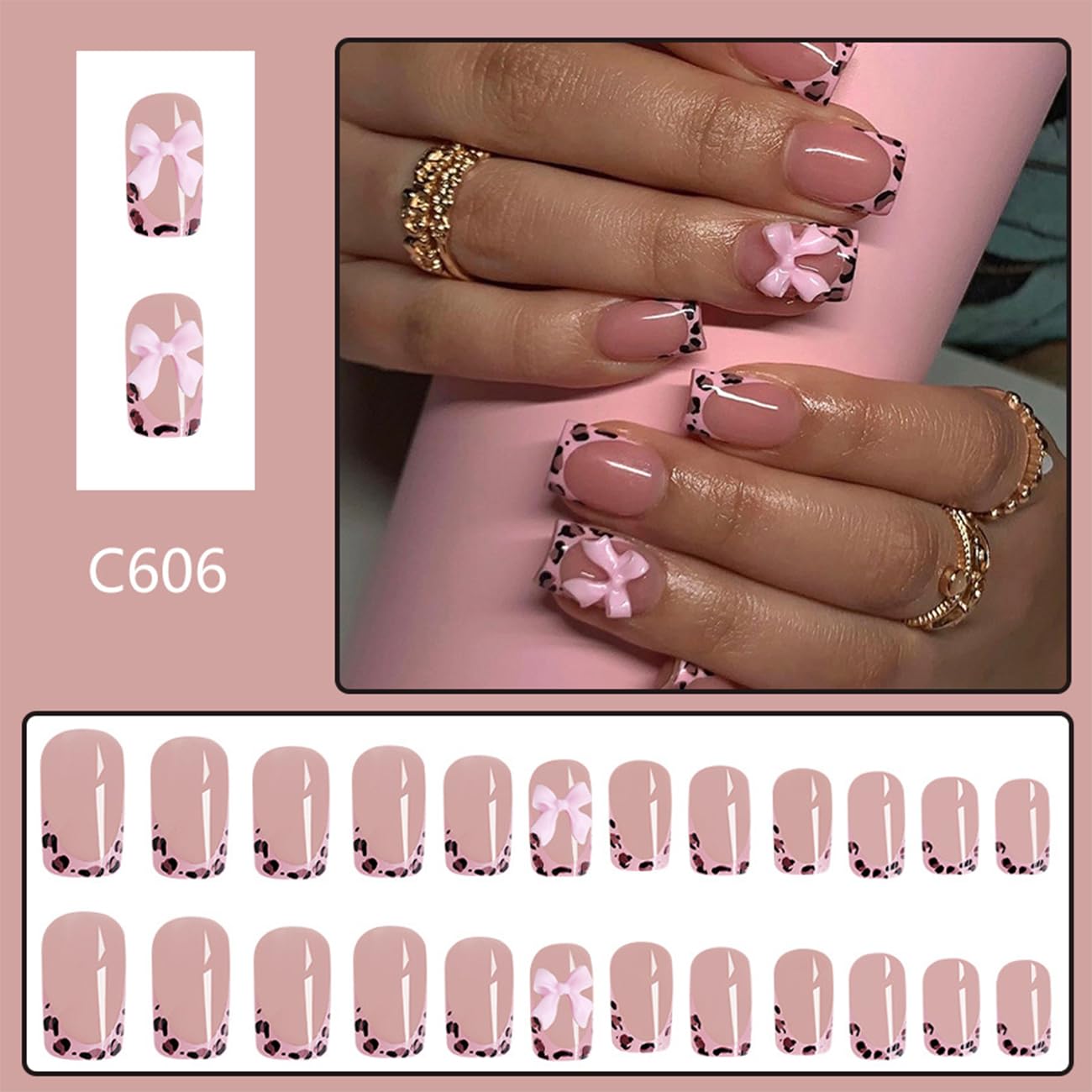24pcs French Tip Press-On Nails - Short, Charms, Bow, Flower Design, Pink, Cute, Square Shape, Acrylic, Rhinestones