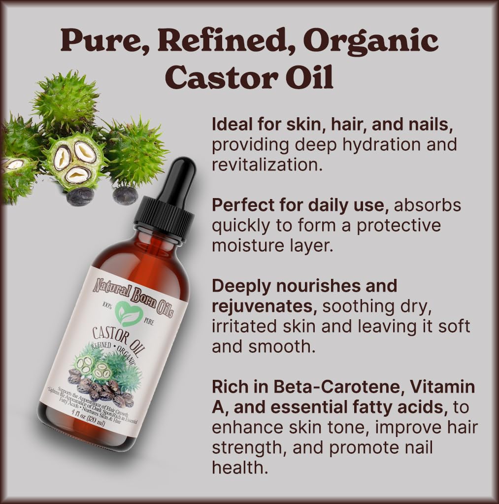 Natural Born Oils Castor Oil, 16oz, Organic, Cold-Pressed, Nutrient-Rich, Deep Skin Nourishment, Hair Strengthening