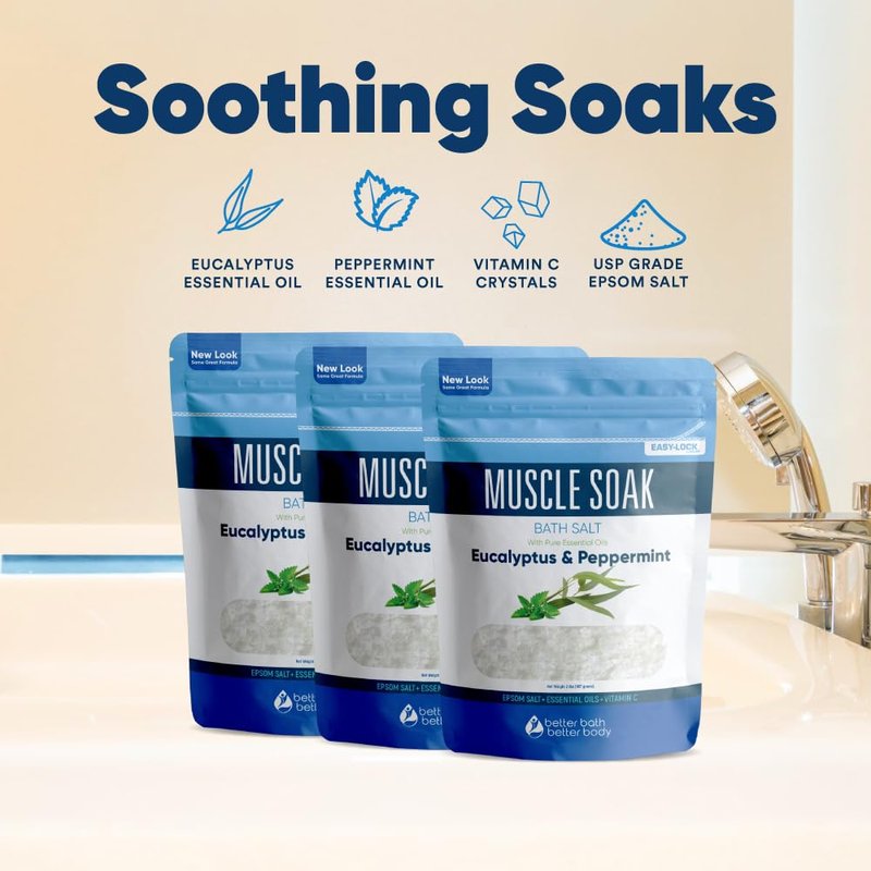 Muscle Bath Salt (3-Pack with Scoop) Muscle Bath Soaks with Pure Essential Oils in BPA Free Pouch with Press-Lock Seal Made in USA, Three 2-lbs Pouches 6-Lbs Total