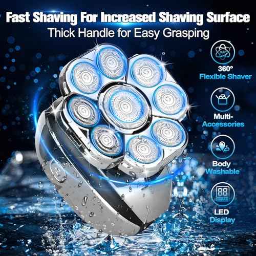 Electric Razor for Men, Upgrade 9D Head Shavers for Bald, 6-in-1 Electric Shaver for Men, Grooming Kit with Nose Hair Trimmer, Waterproof Wet/Dry Shaver, LED Display, Rechargeable Razor Silver