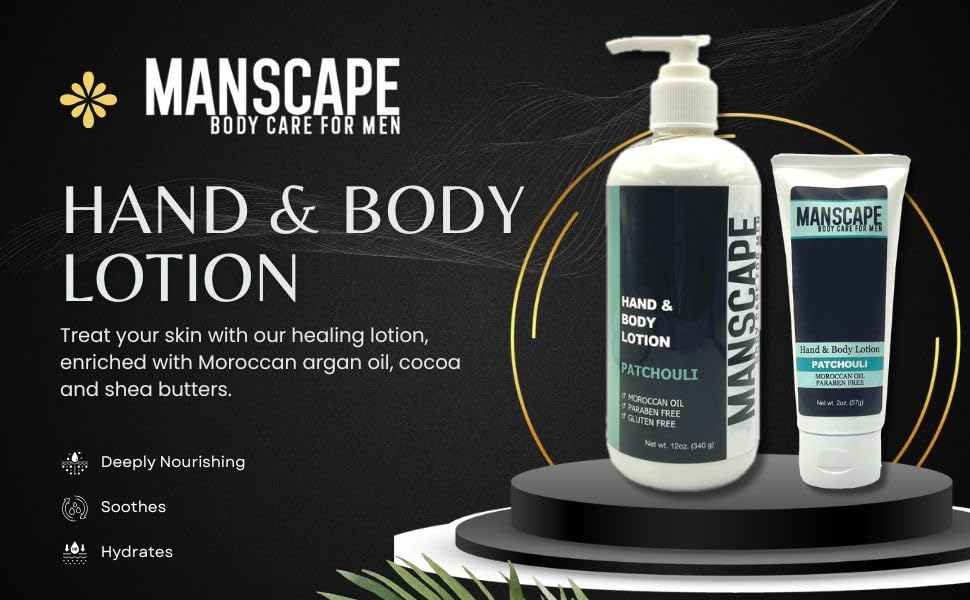 MANSCAPE Hand and Body Lotion | Paraben-free Moisturizer with Moroccan Argan Oil | Cocoa and Shea Butters | Botanical Soothing Oils | Natural | Vegan (12oz bottle, Patchouli)