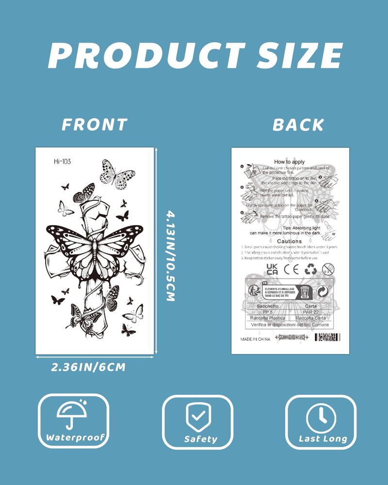 Onogola 20 Sheets Glow In The Dark Butterfly Temporary Tattoos for Women, Luminous Flower Butterflies Wings Fake Tattoo Stickers Art Makeup Waterproof for Face Body Arm Party Favors