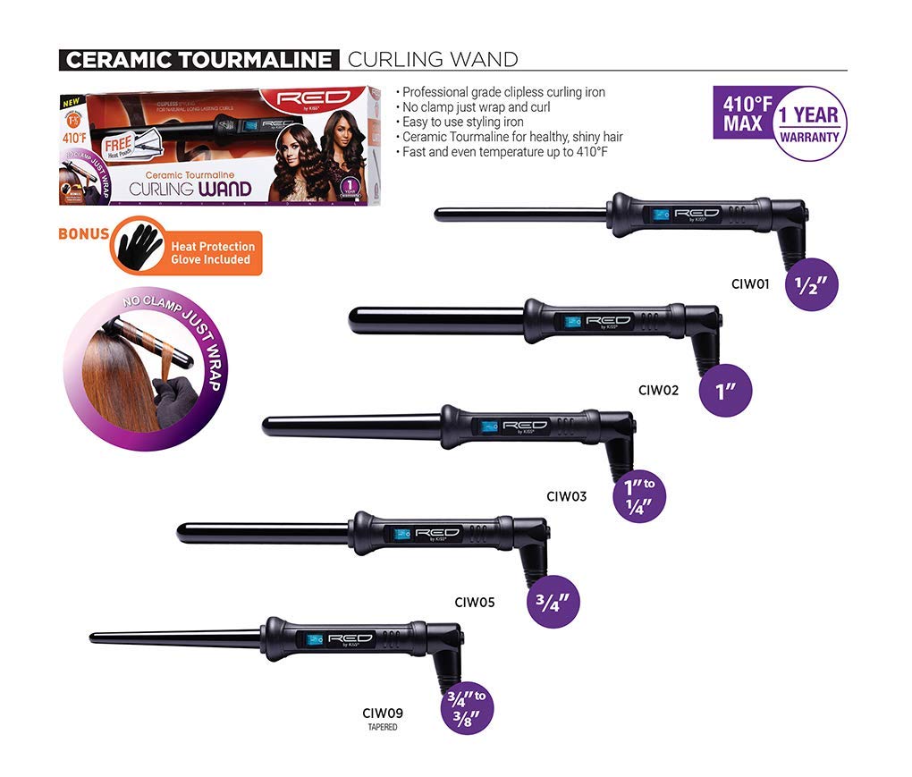 Kiss Products Red Tapered Curling Wand, 1"-1/2", 1.2 Pound