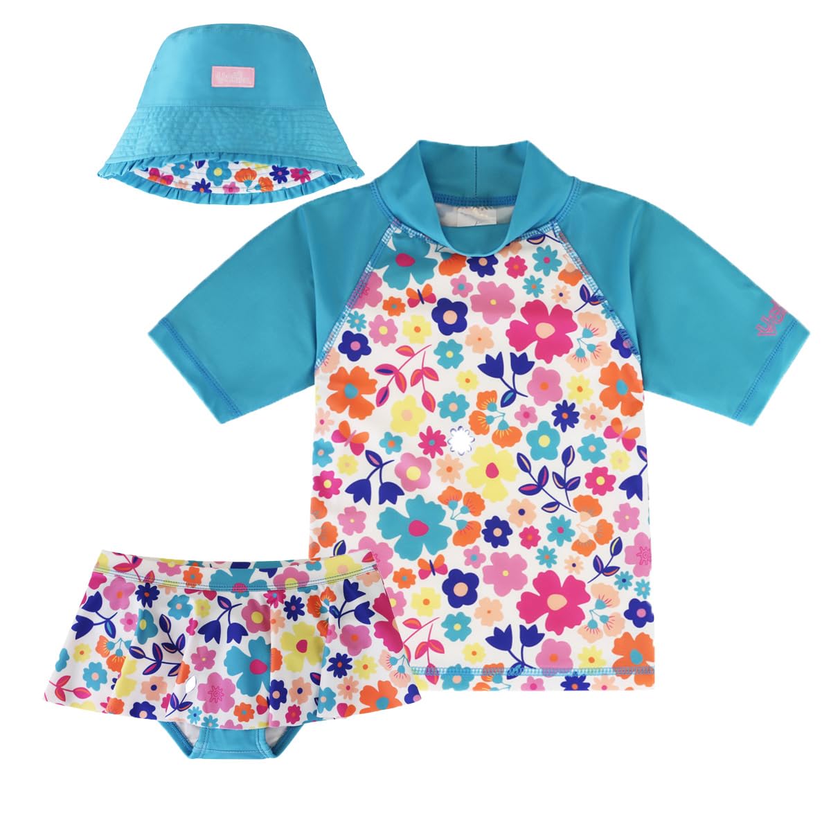 UV SKINZ UPF 50+ Girls 3-Piece Swim Set (7, Blue Ditzy Floral)