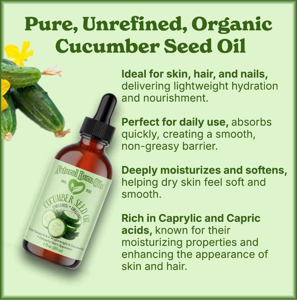 8oz Cucumber Seed Oil, 100% Pure and Natural, Cold-pressed, Unrefined, Moisturizer for Skin and Hair - Includes Pump & Flip Cap