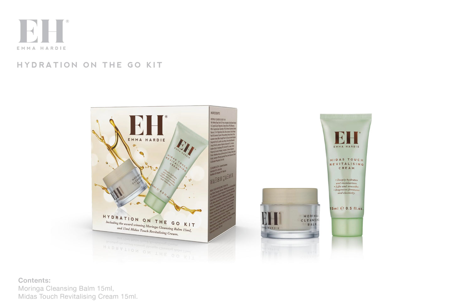 Emma Hardie Hydration On The Go Kit, Gift Set Includes: 15ml Moringa Cleansing Balm & 15ml Midas Touch Revitalising Cream with Hyaluronic Acid, Improves Firmness & Elasticity, Natural & Cruelty Free