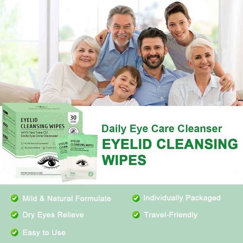 30 Count Eyelid Wipes, Gentle Eyelid Cleansing Wipes with Tea Tree Oil, Moisturizing Eye Wipes for People with Dry Eyes, Itchy, Styes & Blepharitis, Eyelid & Lash Wipes Individually Wrapped for Travel