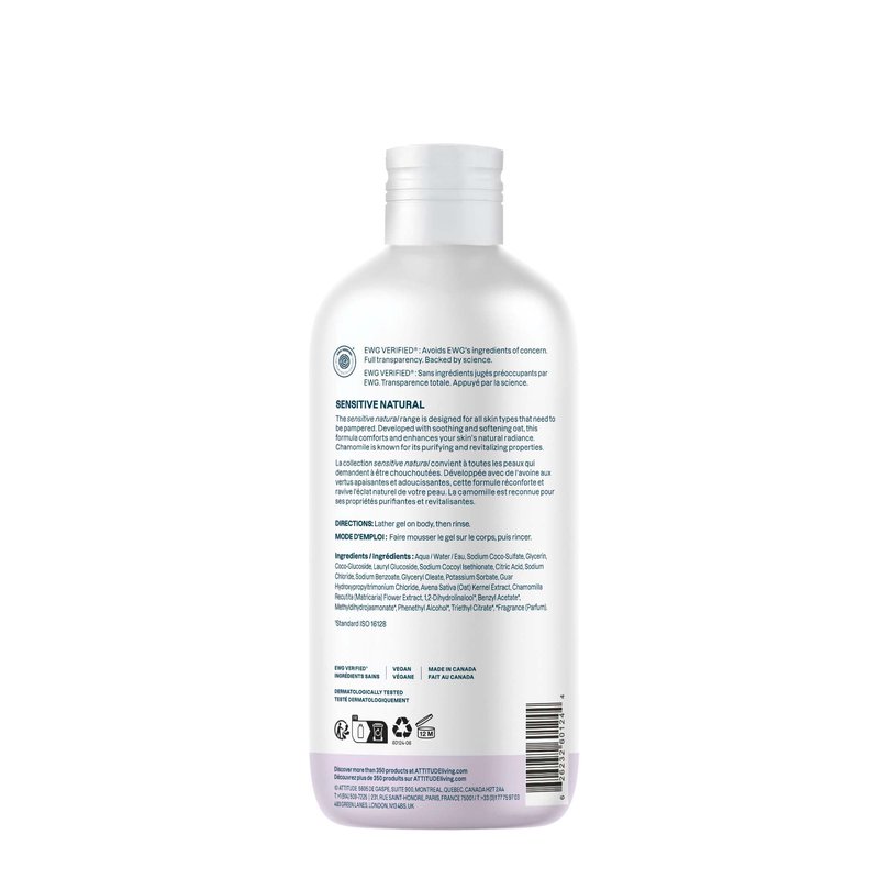 ATTITUDE Body Wash for Sensitive Skin with Oat and Chamomile, EWG Verified, Dermatologically Tested, Vegan, 16 Fl Oz