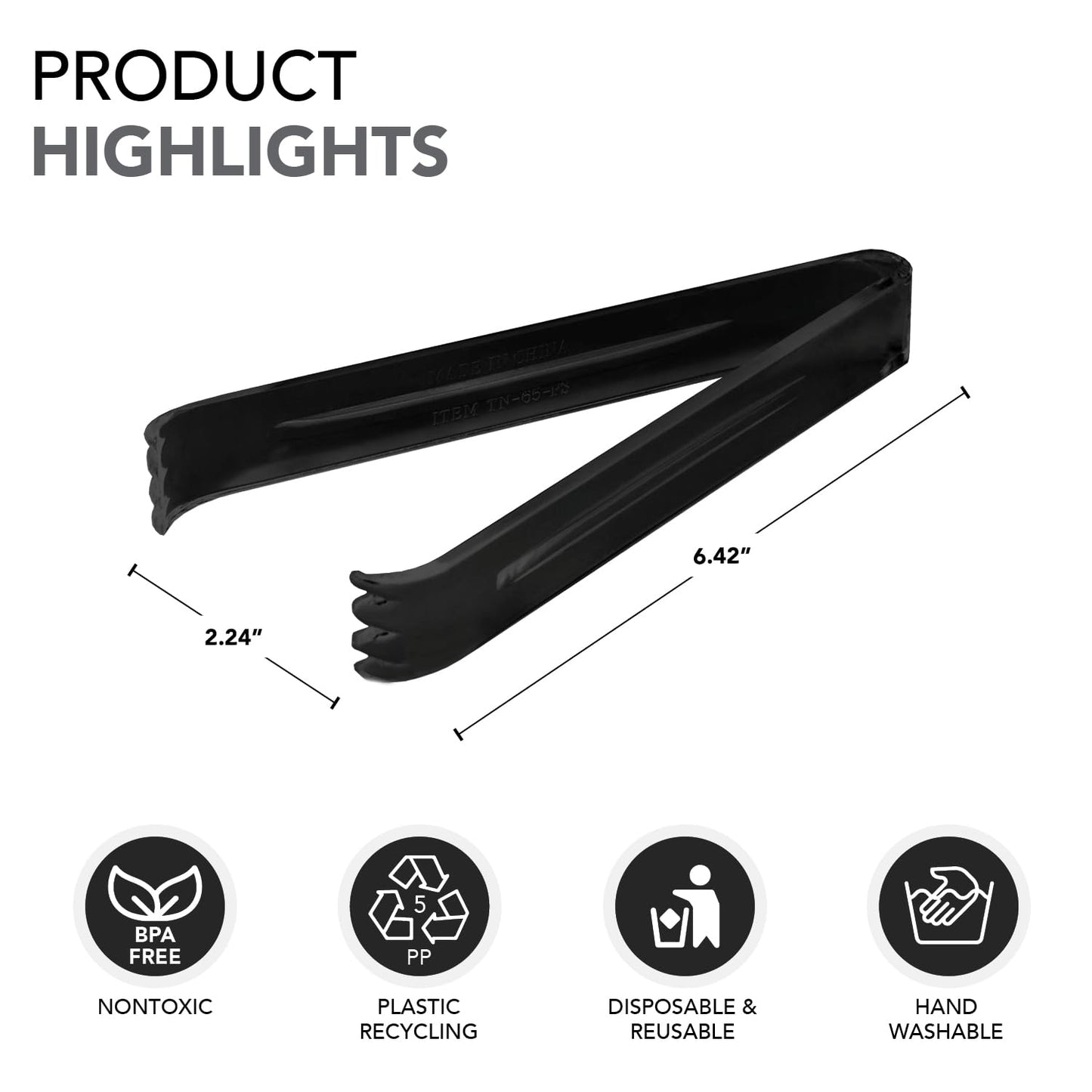 Party Essentials Hard Plastic 6-1/2" Serving Tongs, Black, 4 Count