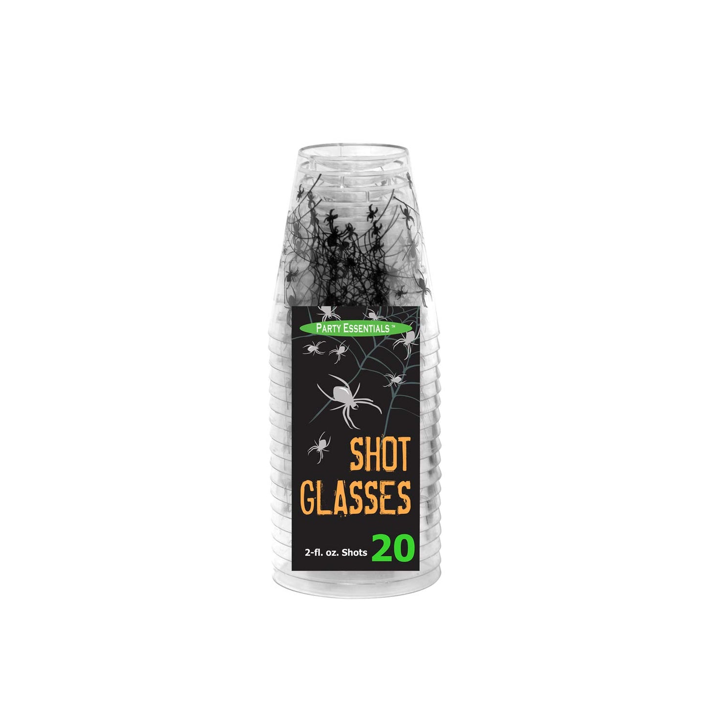Party Essentials 20 Count Hard Plastic 2 oz Spider Print Halloween Shot Glasses, Clear/Black