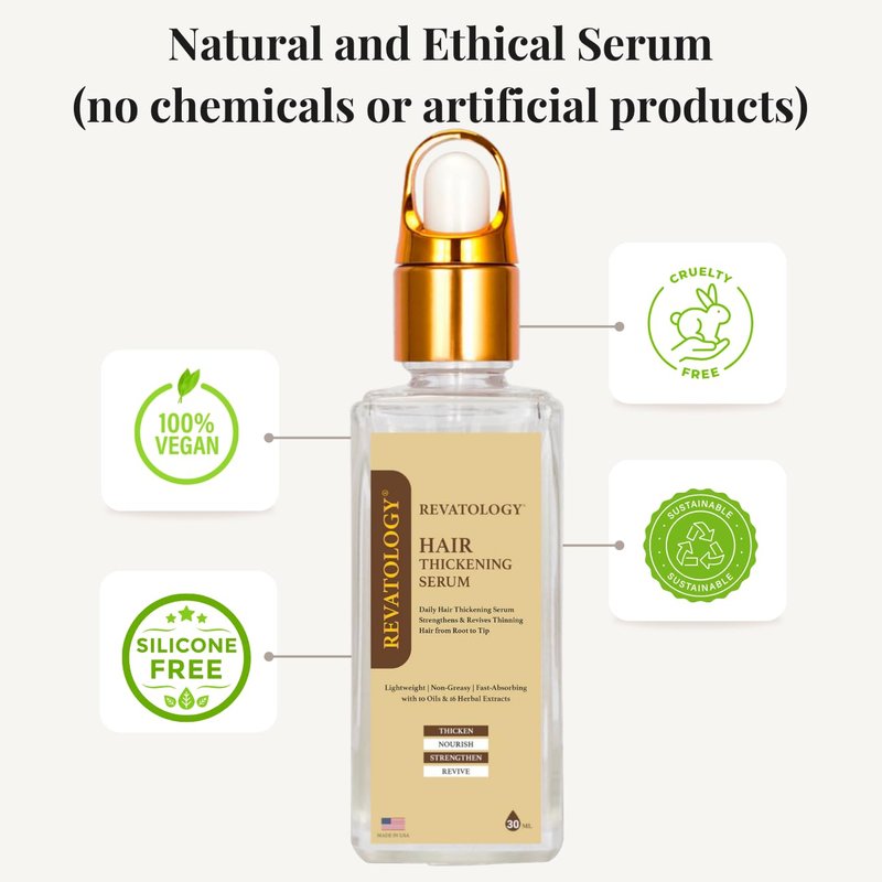 Revatology Hair Thickening Serum for Women and Men, Lightweight non-greasy Leave In for Thinning Hair and Scalp Care, 30 Cold Pressed Botanicals with Rosemary and Biotin, Chemical Free (Made in USA)