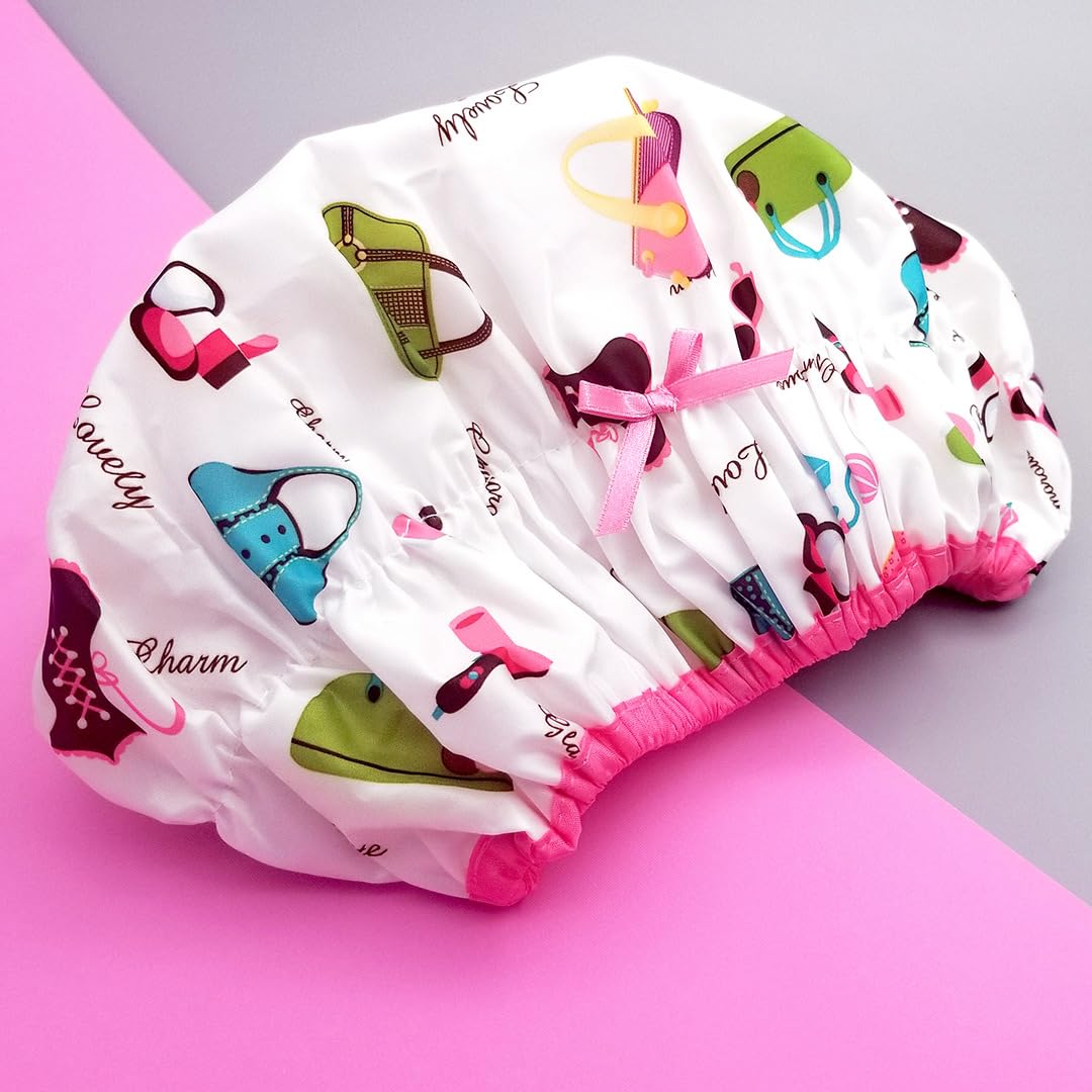 Reusable Shower Cap & Bath Cap & Lined, Oversized Waterproof Shower Caps Large Designed for all Hair Lengths with PEVA Lining & Elastic Band Stretch Hem Hair Hat - Fashionista Deco Dots