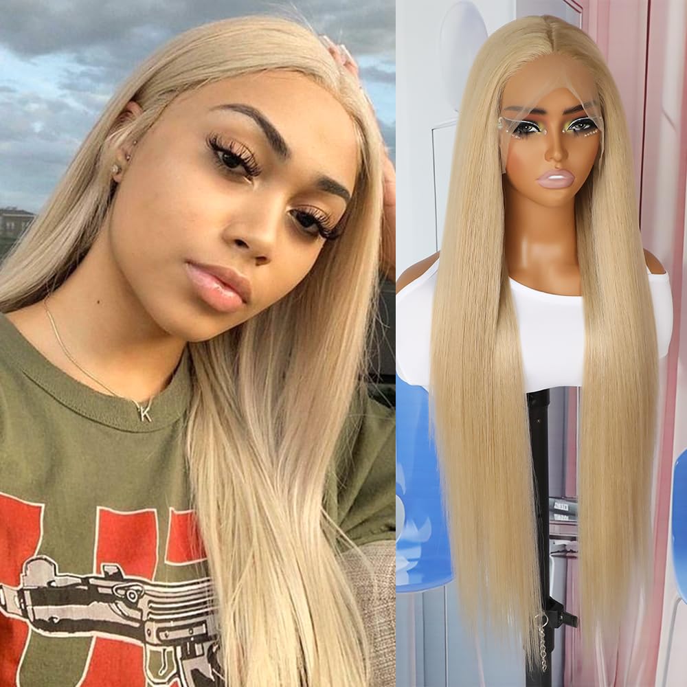 QD-Tizer Ash Blonde Synthetic Hair Wigs Long Straight Hair Mixed Platinum Blonde Color Natural HairLine Heat Resistant Fiber Hair Wigs for Fashion Women 32Inch