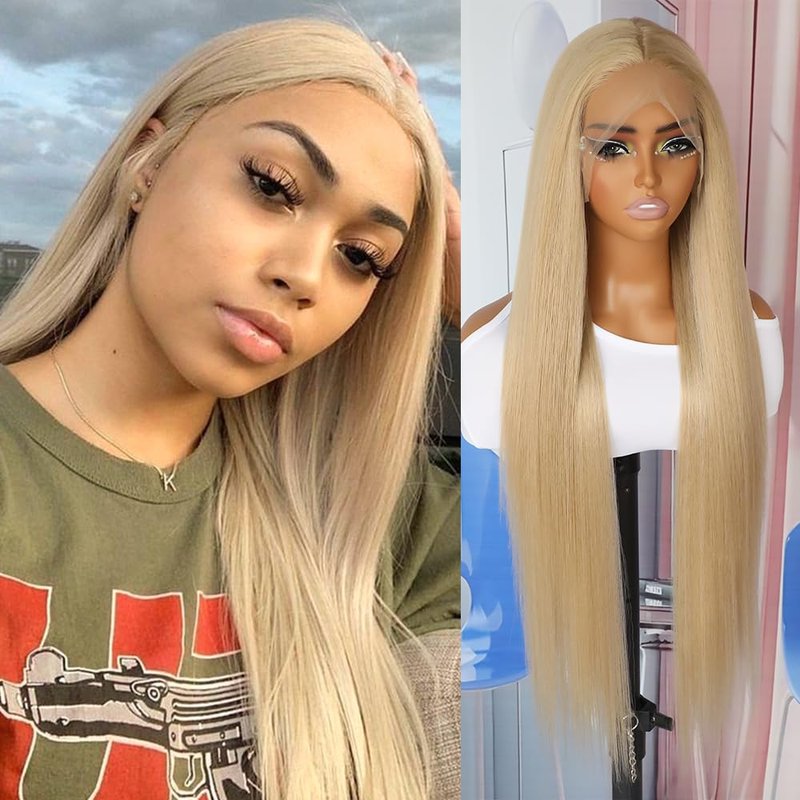 QD-Tizer Ash Blonde Synthetic Hair Wigs Long Straight Hair Mixed Platinum Blonde Color Natural HairLine Heat Resistant Fiber Hair Wigs for Fashion Women 32Inch