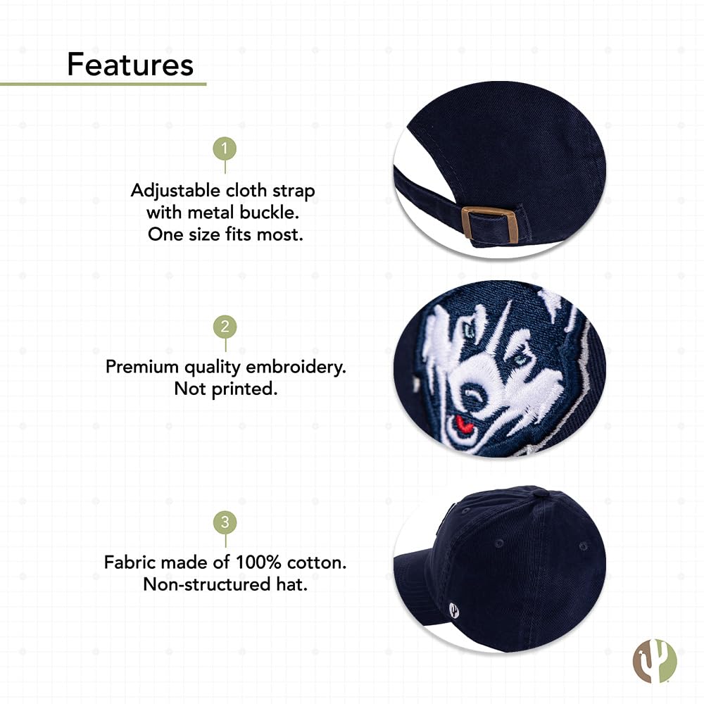 Desert Cactus University of Connecticut UConn Baseball Hat Huskies Brimmed Embroirderd Hats Cap Adjustable Cloth Strap Adult (Style D1) Blue
