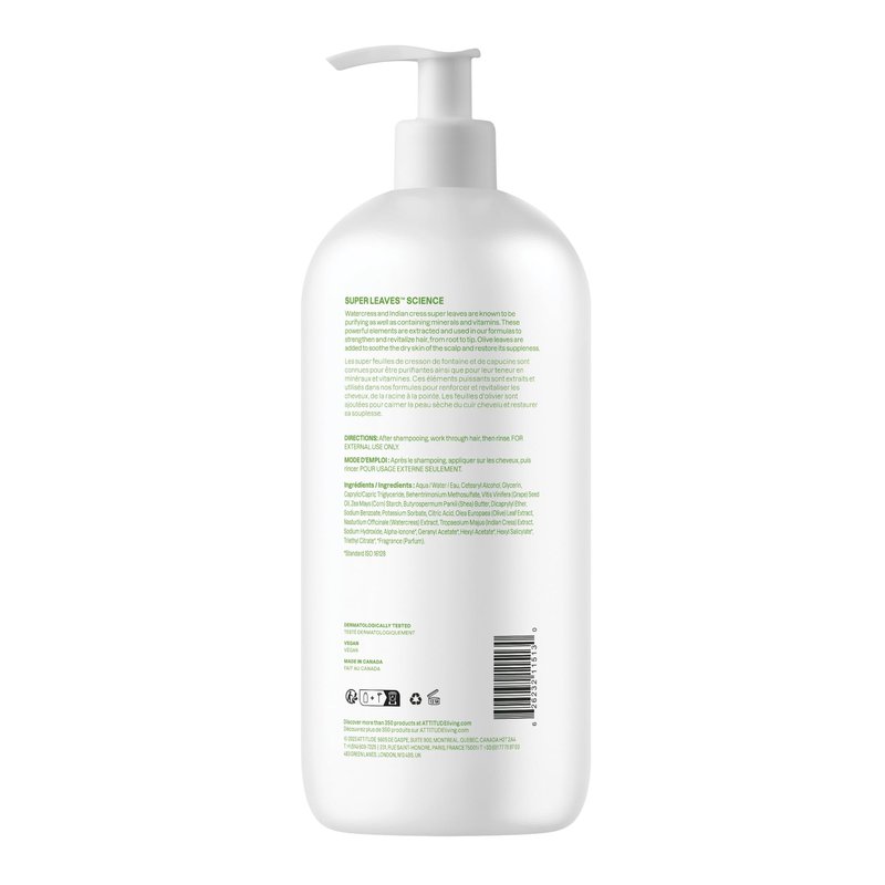 ATTITUDE Nourishing Hair Conditioner, For Dry and Damaged Hair, Naturally Derived Ingredients, Vegan Detangler, Dermatologically Tested, Grapeseed Oil and Olive Leaves, 32 Fl Oz