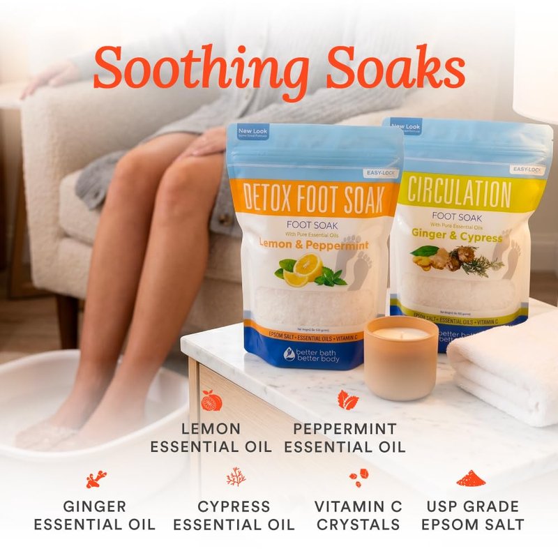 2 Pack Foot Soak Salts Bundle for DIY Foot Spa with Bamboo Scoop (2 lbs Each 4 lbs Total) for Discomfort and Dry Skin Made in USA with BPA Free Easy Lock Pouch