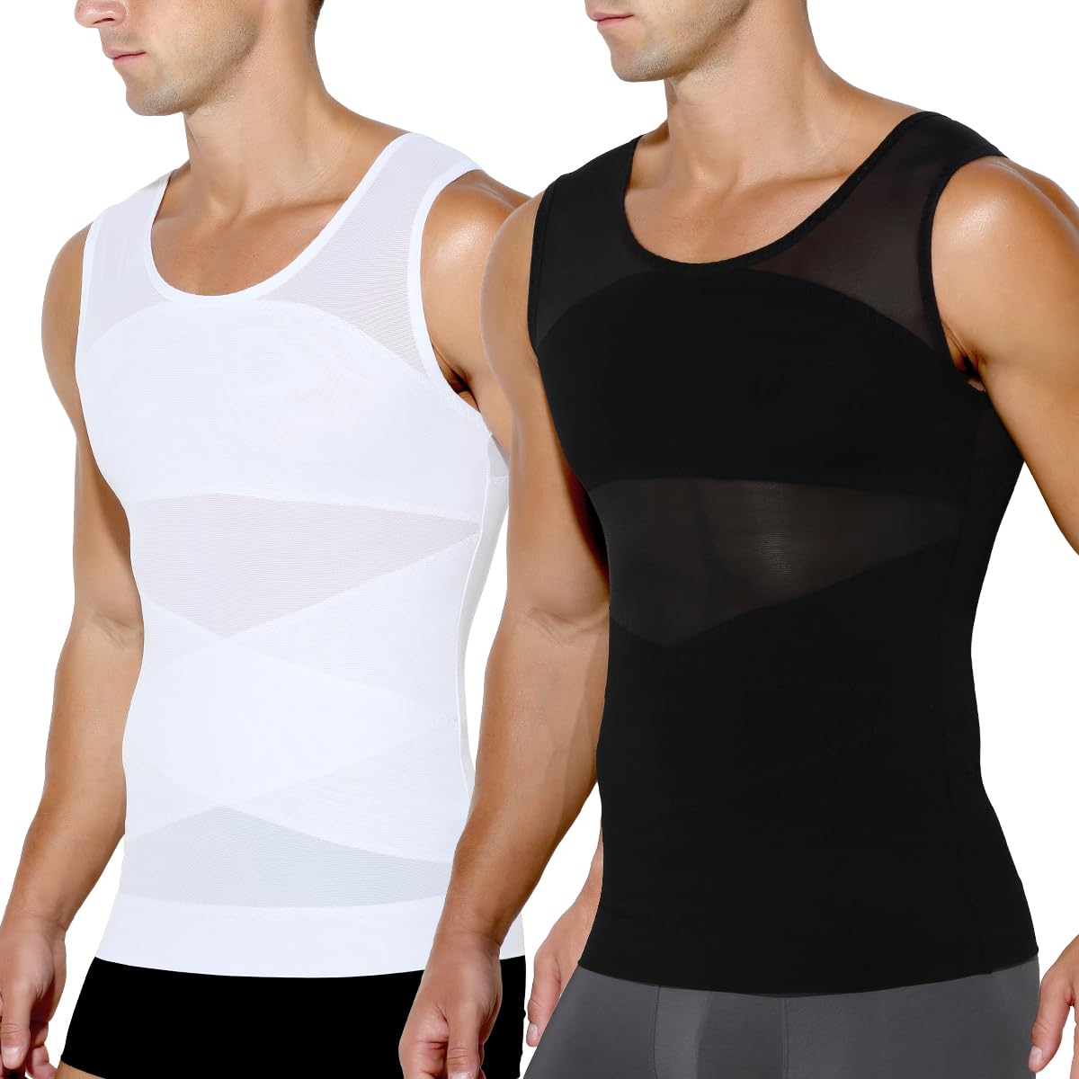 Arjen Kroos Men's Body Shaper Compression Mesh Tank Top Undershirts Shapewear,WHITE/BLACK-ML4005,L