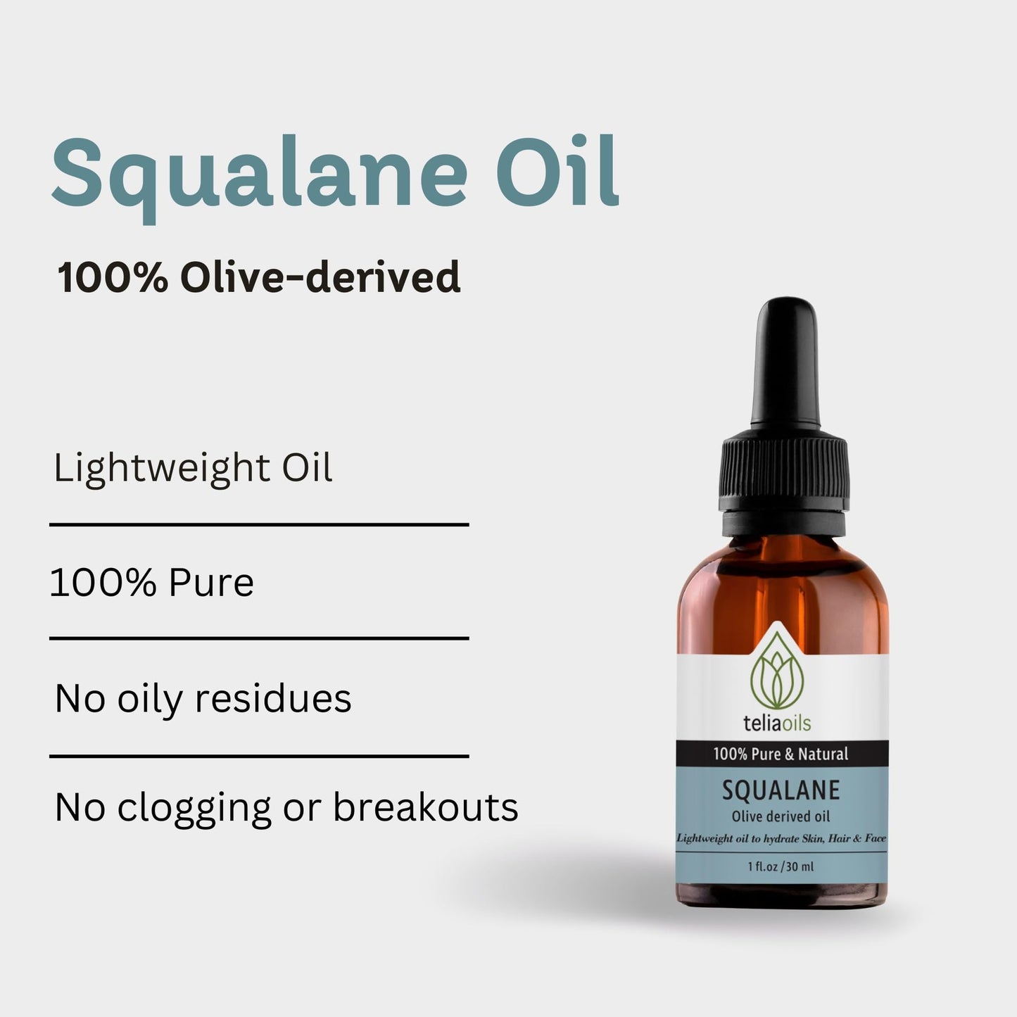 Teliaoils Squalane Oil for face – 100% Plant-Based Oil from Olives – Natural Moisturizer for Face, Skin, and Hair – Improves Skin Elasticity – Lightweight & Fast Absorbing Hydration – 1oz