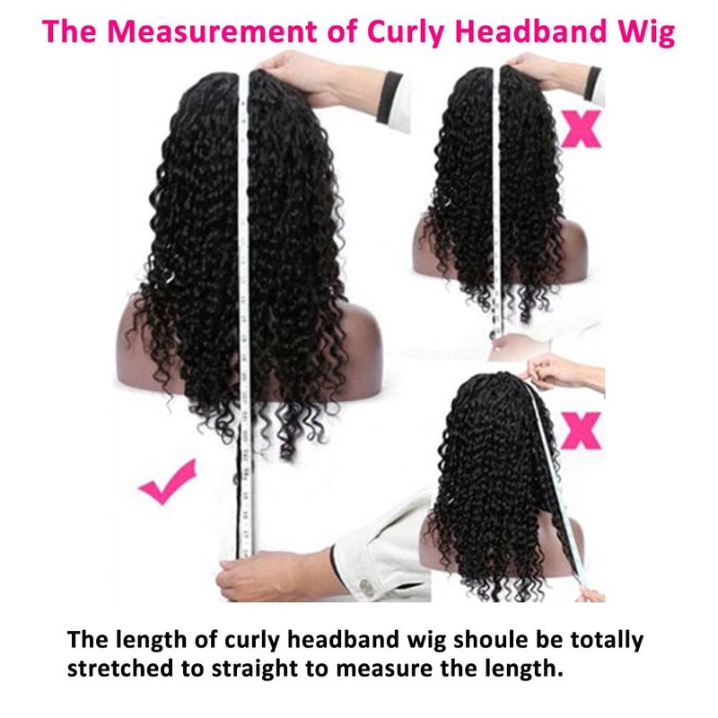 Pinketer Kinky Curly Headband Wig Human Hair 150% Density None Lace Front Glueless Wigs for Black Women 12 Inch Machine Made Half Wig Natural Black Color