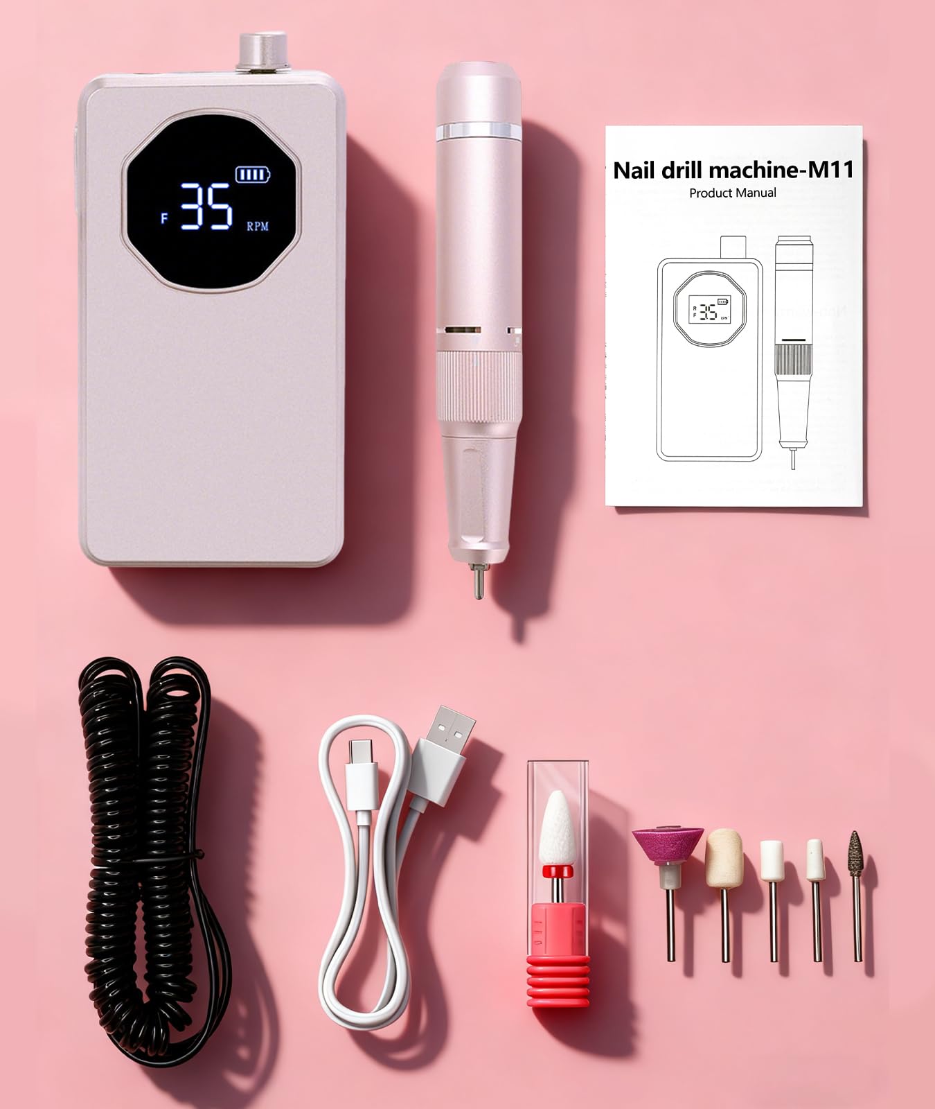 Professional Nail Drill High Torque 35000 RPM Rechargeable Portable Electric Nail File Filer for Acrylic Gel with Cuticle Bits, Salon Manicure Tool, Rose Gold