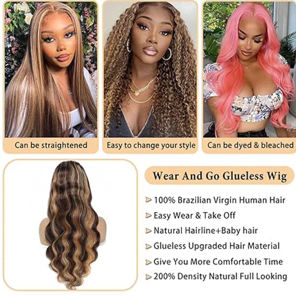 Lagalaga 18 Inch Color P4/27 Body Wave Wigs Human Hair Highlight Blonde Wis 200% Density Highlight Lace Frontal Wig 4x4 Lace Closure Wig Human Hair Pre Plucked For Black Women