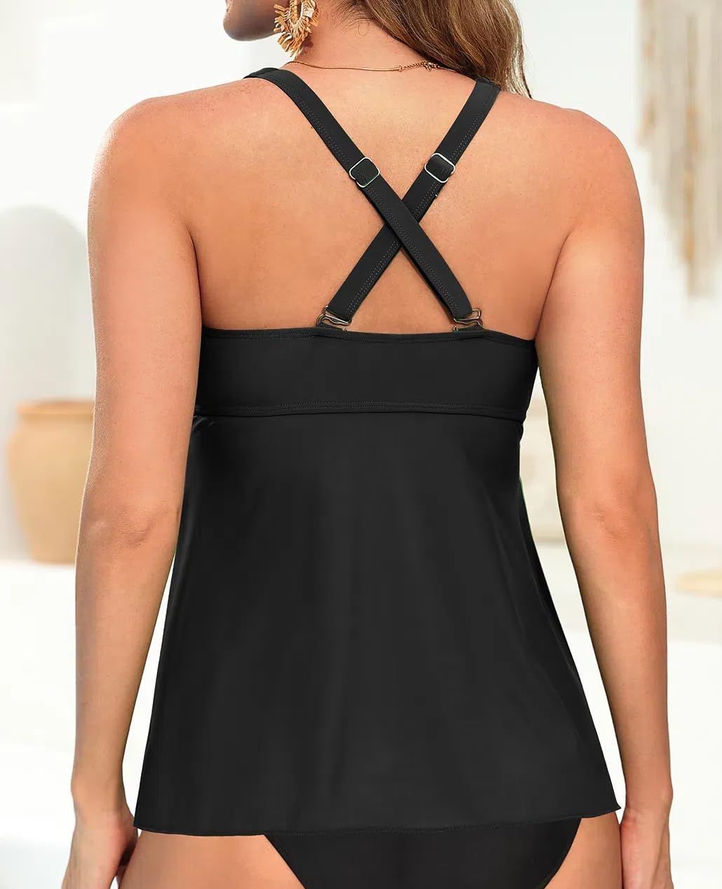 Tempt Me Women Black Stripe Tankini Top Only Flowy Swim Tops V Neck Bathing Suit Top XL