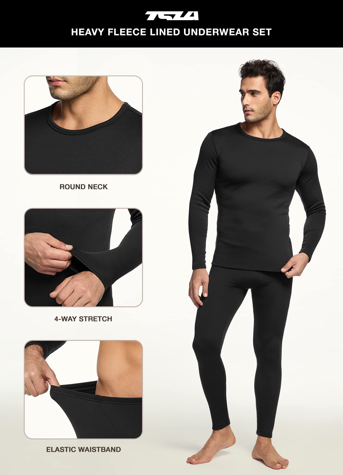 TSLA Men's Thermal Underwear Set, Microfiber Soft Fleece Lined Long Johns, Winter Warm Base Layer Top & Bottom, Heavyweight Fleece Black, Large