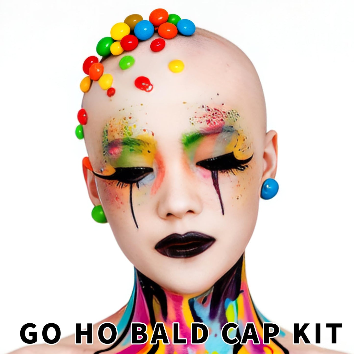 Go Ho Halloween Professional Bald Cap SFX Kit - Complete 8-Piece Makeup Set with Latex (30ml),Water Based Acrylic Adhesive(10ml),6 Colors Flesh Palette,Loose Setting Powder,Bald Cap&Applicators