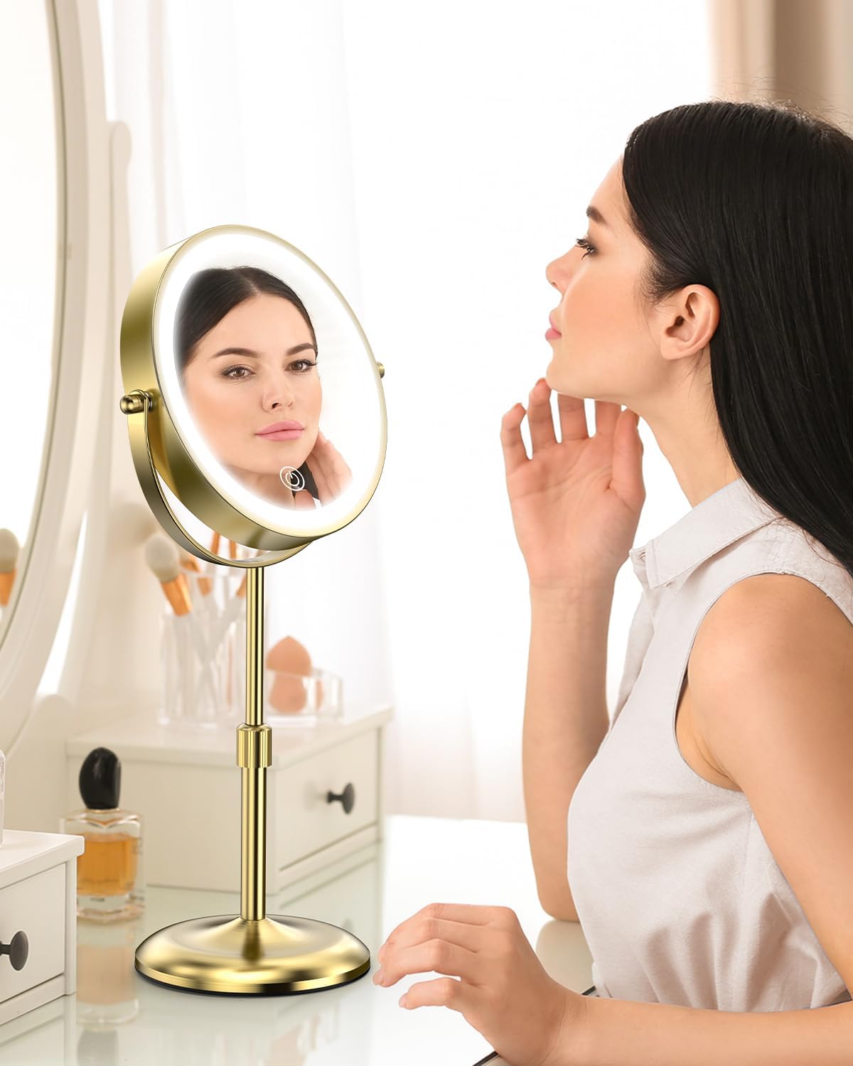 Lighted Makeup Mirror - 7-Inch with 3 Color Lights & 10X Magnification | Adjustable Brightness & Height, 360° Swivel, Gold