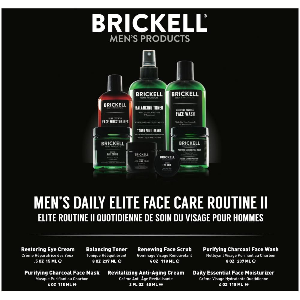 Brickell Men's Daily Elite Face Care Routine II, Toner, Charcoal Face Wash, Face Scrub, Anti-Aging Cream, Eye Cream, Charcoal Mask & Moisturizer, Activated Charcoal, Peptides, Hyaluronic Acid, Scented