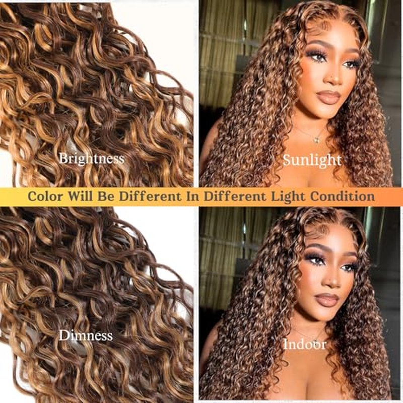 ALHER Honey Blonde Highlight Water Wave Bundles 28 Inch P4/27 Ombre Single Bundles Wet and Wavy Bundles Human Hair Highlight Brown Color 12A 100% Brazilian Virgin Remy Hair for Black Women Soft Thick