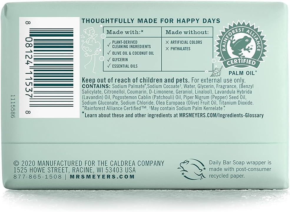 MRS. MEYER'S CLEAN DAY Bar Soap, Use as Body Wash or Hand Soap, Made with Essential Oils, Rain Water, 5.3 oz, 1 Bar