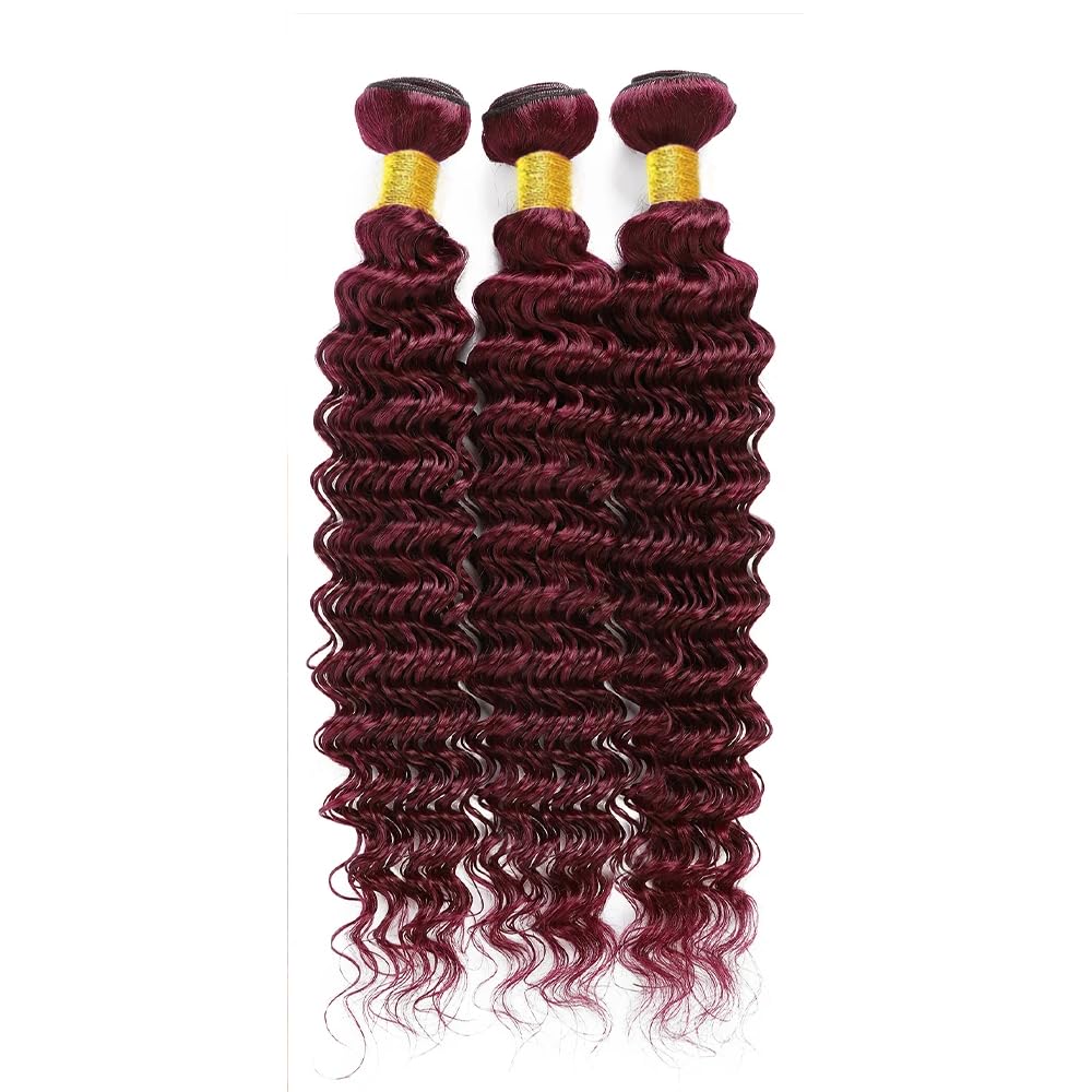#99J Burgundy Bundles Human Hair Deep Wave Bundles 14 16 18 Inch Win Red Deep Wave Bundle Human Hair Extensions Double Weft Unprocessed Brazilian Virgin Hair 3 Bundle 50 Grams Per Bundle For Woman