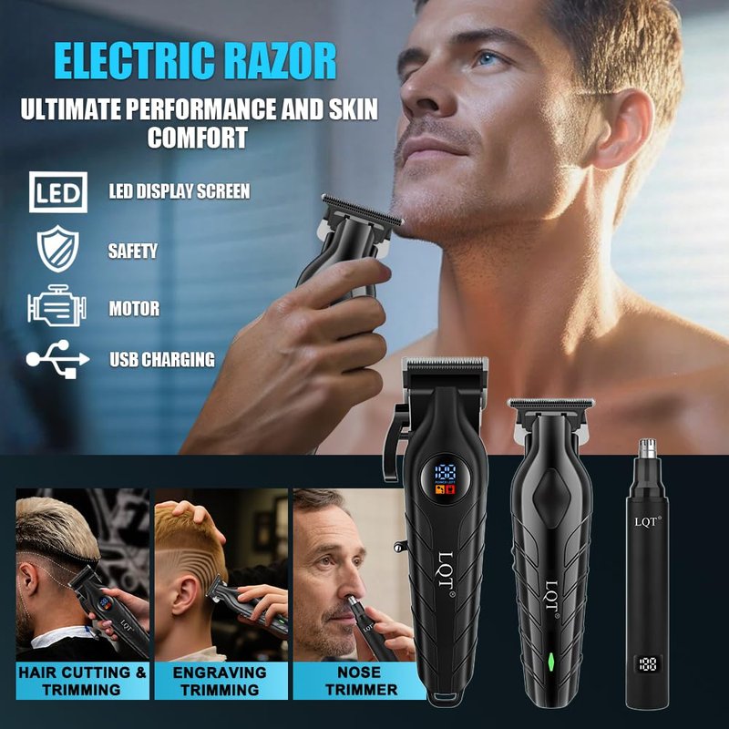 LQT Hair Clippers for Men, Professional Mens Hair Clipper Set with LED Display, Cordless Beard Trimmer Grooming Kit with Multiple Guide Combs, Cape, Storage Bag for Home & Salon Use