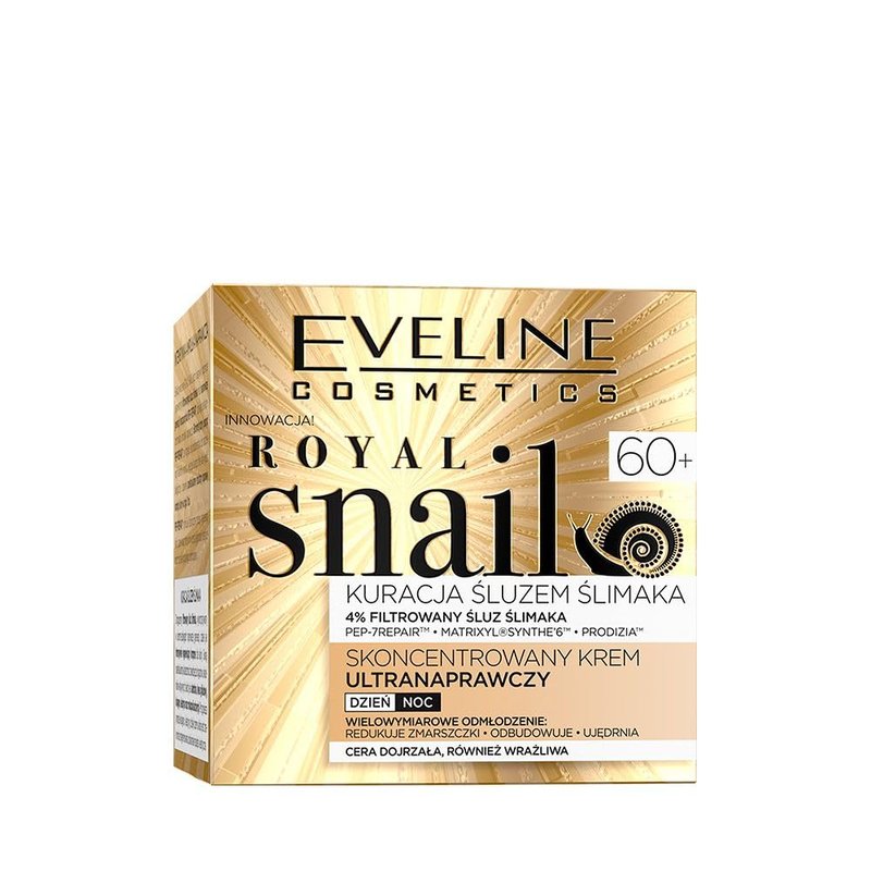 Eveline Cosmetics Royal Snail Royal Snail Concentrated Ultra-Repair Cream 60+ with Snail Mucin & MatrixylยฎSyntheโ6โข - Anti-Wrinkle, Brightening & Firming Face Cream for Women, 50ml