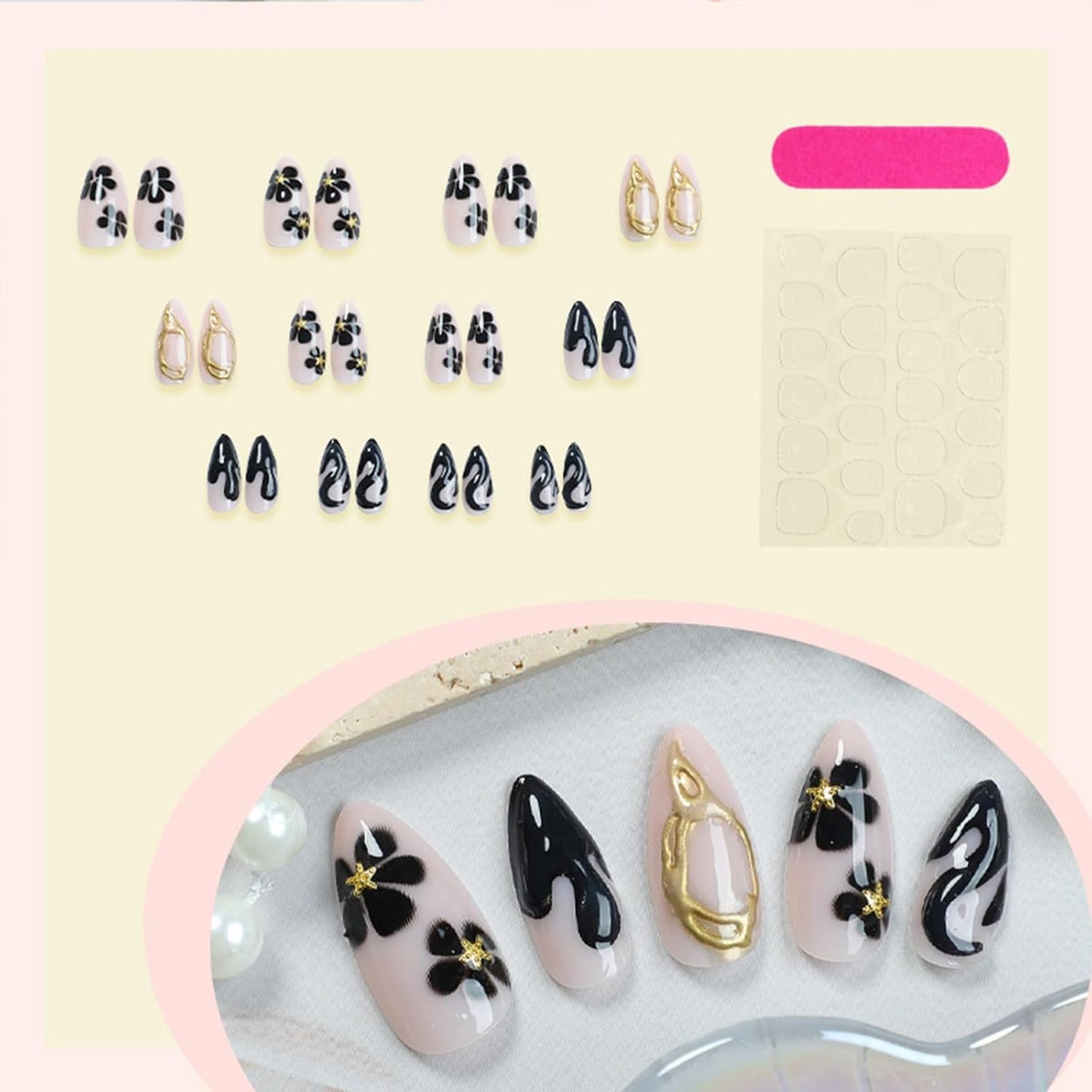 French Tip Almond Press-On Nails with Gold Bow | Reusable Glossy Acrylic False Nails for Women