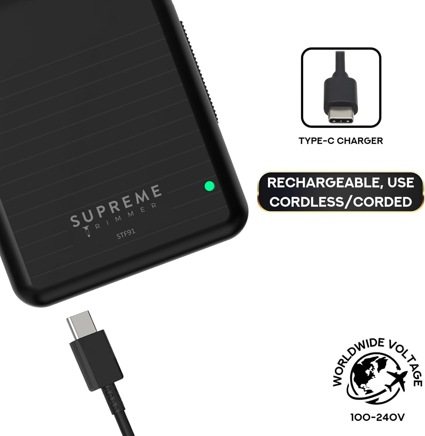 Supreme Trimmer Foil Shaver for Men - Rechargeable Electric Razor | 90 Min Runtime, Type-C USB Charging