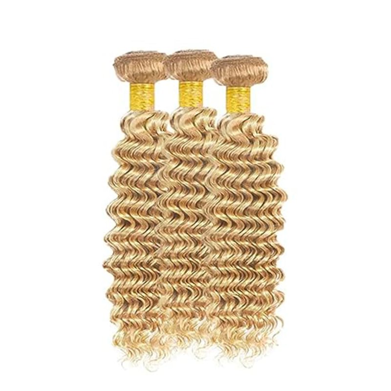 Ombre Highlight Deep Curly Bundles Human Hair Honey Blonde Loose Deep Wave Bundles P27/613 Human Hair Bundles Double Weft Tow Tone Silky Soft and Silky for Black Women 8 10 12 Inch