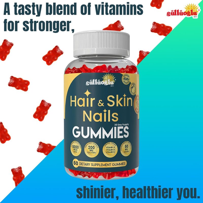 GÜLLÜOGLU Hair, Skin & Nails Gummies Sugar-Free – Biotin 5000 mcg, Collagen 200 mg & Keratin 50 mg –Vitamins A, C, D, E – Gluten-Free, Non-GMO, for Men and Women 60 Strawberry Flavor Gummies