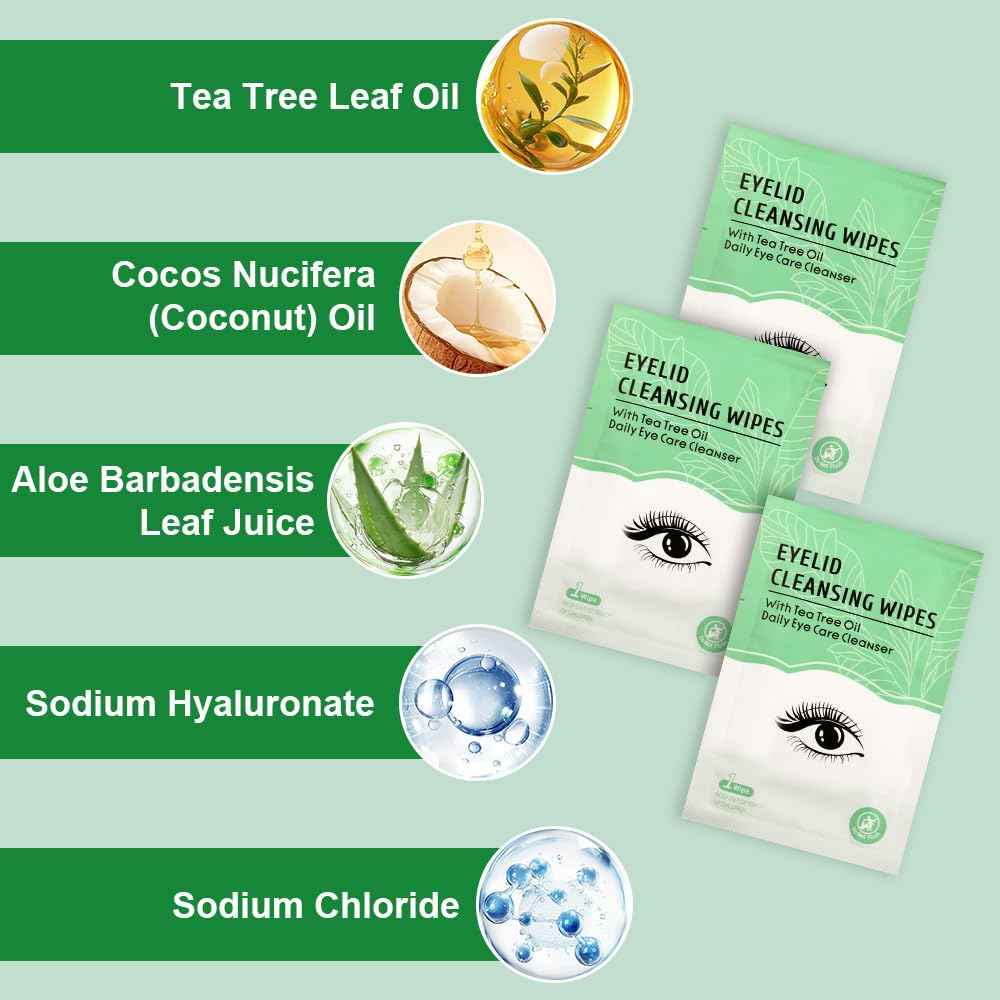 30 Count Eyelid Wipes, Gentle Eyelid Cleansing Wipes with Tea Tree Oil, Moisturizing Eye Wipes for People with Dry Eyes, Itchy, Styes & Blepharitis, Eyelid & Lash Wipes Individually Wrapped for Travel