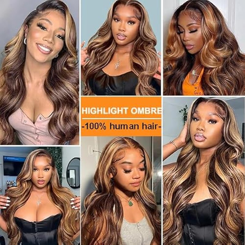 Highlight Ombre Lace Front Wig Human Hair 13x4 HD Transparent 180% Density Body Wave Wigs Human Hair with Baby Hair Pre Plucked for Women 4/27 Honey Blonde Lace Frontal Colored Wigs (26Inch)